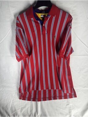 Vintage Tommy Hilfiger Red Blue & White Striped Polo Crest Logo Shirt Size L